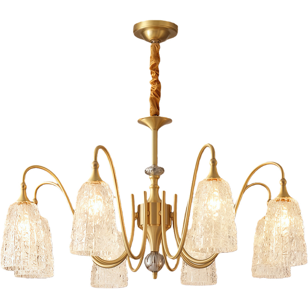 Brass vintage chandelier with ornate details and crystal accents, ideal for traditional dining rooms.