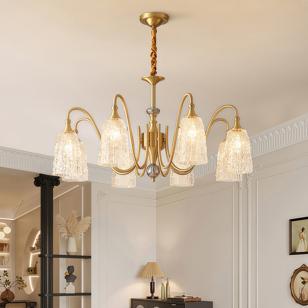 Brass vintage chandelier in a sophisticated living room, adding a touch of vintage charm.