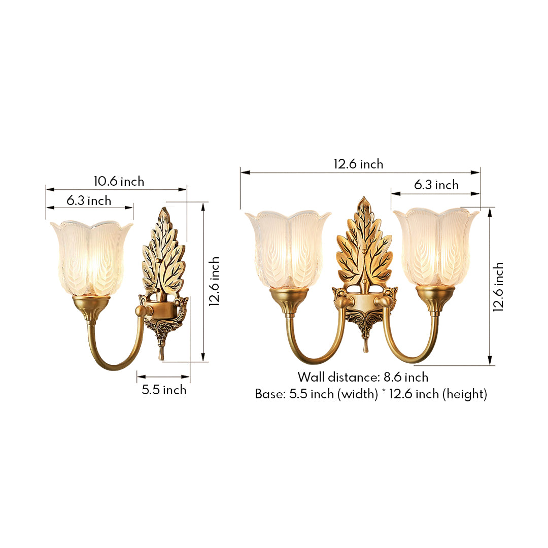 Technical specifications and dimensions for elegant brass wall light with decorative leaf motifs