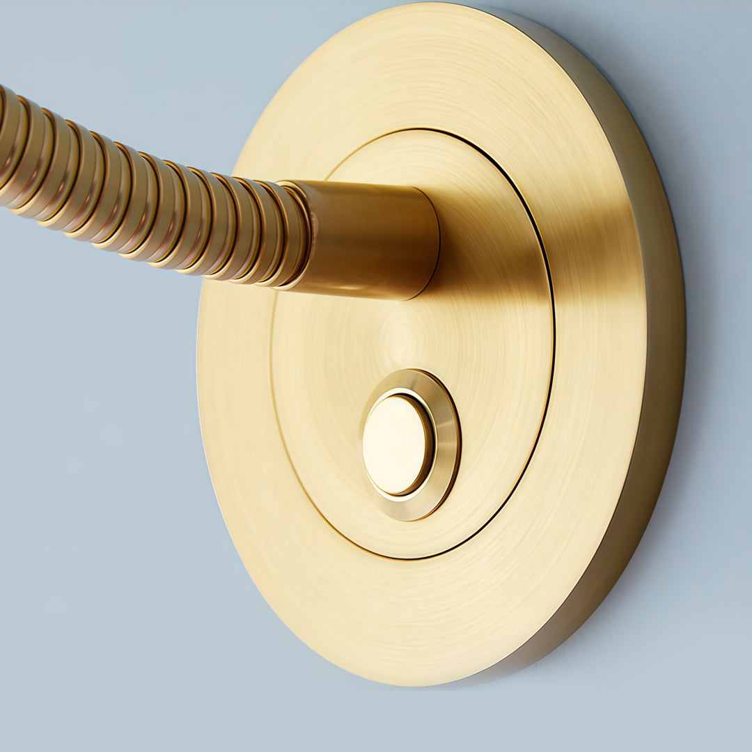 Brass wall light with swing arm showing textured flexible arm and round backplate.