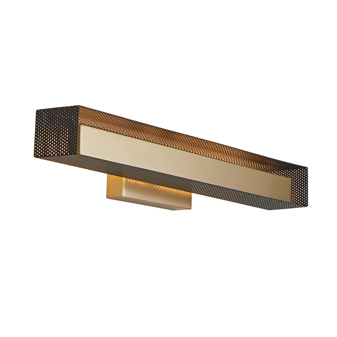 Brass wall picture lights with perforated metal shade, minimalist modern design.