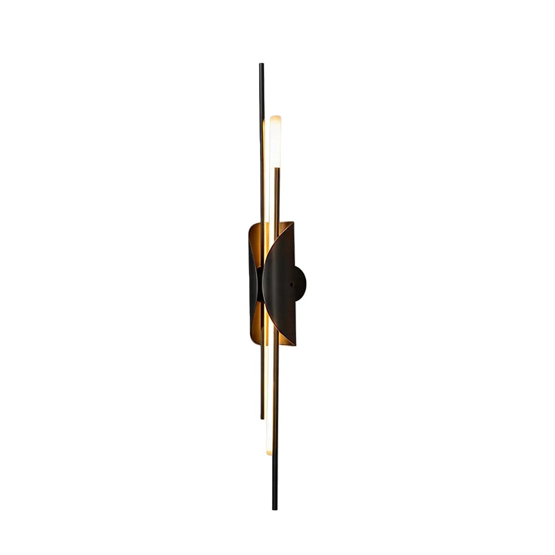 Brass wall sconce light product image showing a two-tone black and brass vertical fixture.
