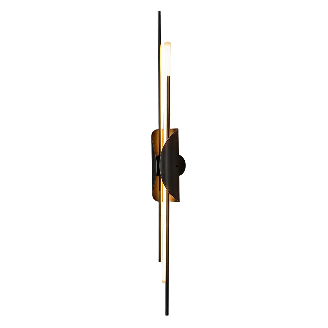 Brass wall sconce light product image showing a narrow black and brass version with a sculptural center accent.