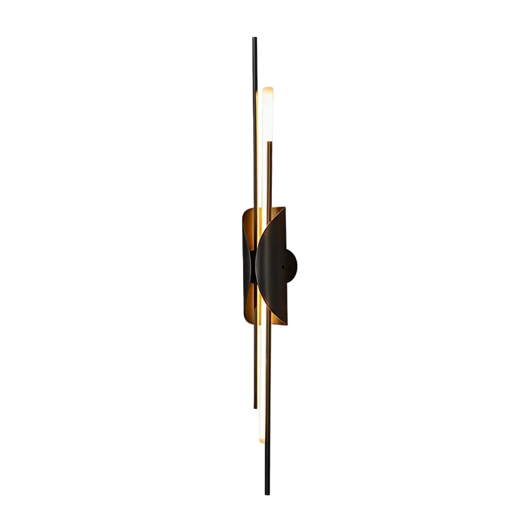 Brass wall sconce light product image showing a tall black and brass wall fixture with slim illuminated rods.