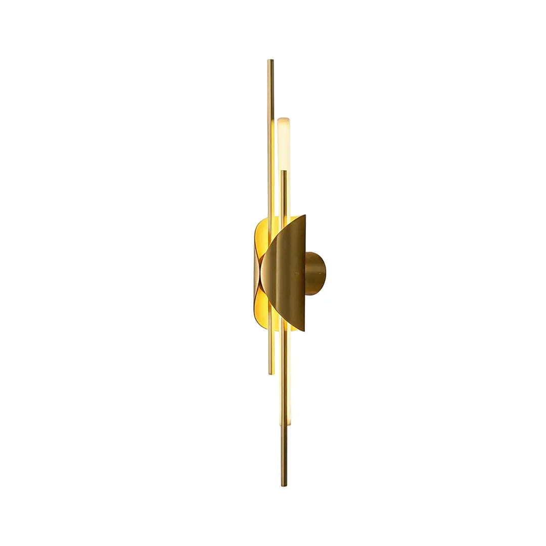 Brass wall sconce light product image showing a slim vertical fixture with a sculptural gold center.