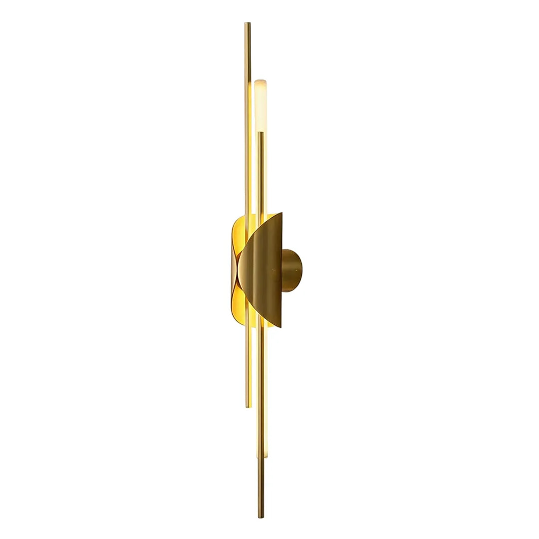 Brass wall sconce light product image showing a vertical wall fixture with twin light bars and round backplate.
