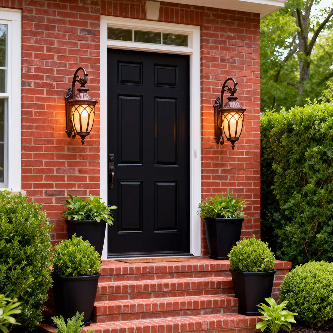 Outdoor wall light on a brick house, stylish and warm exterior lighting solution