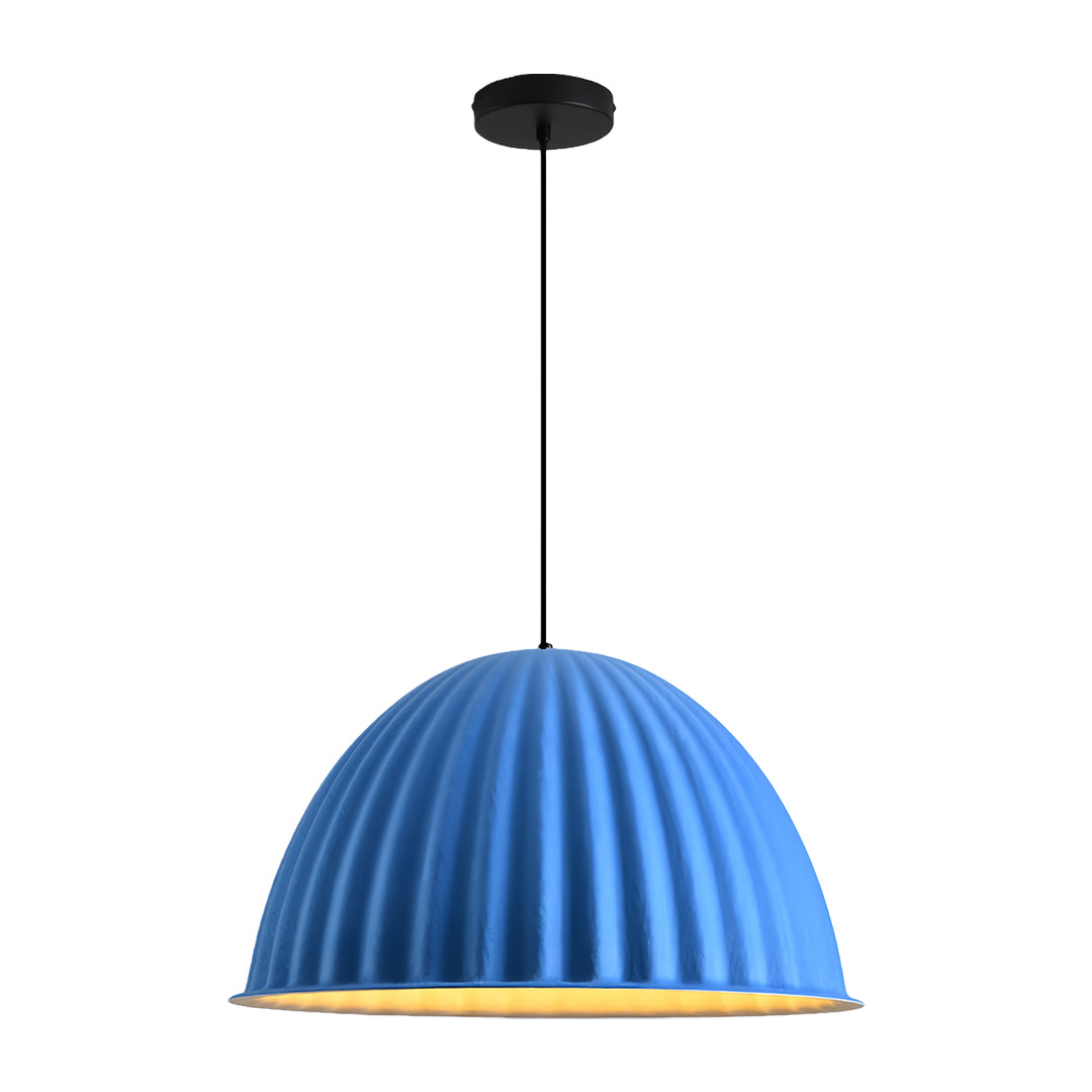 Bright blue semi-spherical fluted pendant light fixture, shown as a color variation of the gray pendant light collection.