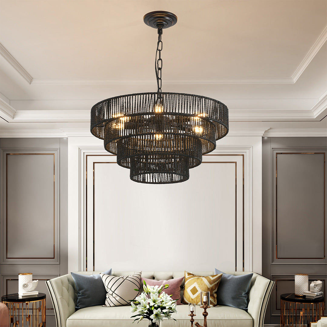 Japanese style chandelier installed in a bright dining area, enhancing the space with warm, ambient lighting.