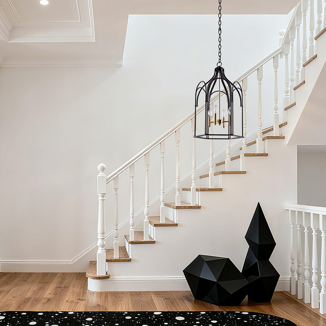 Elegant black metal lantern chandelier with candle-style bulbs in a sophisticated hallway