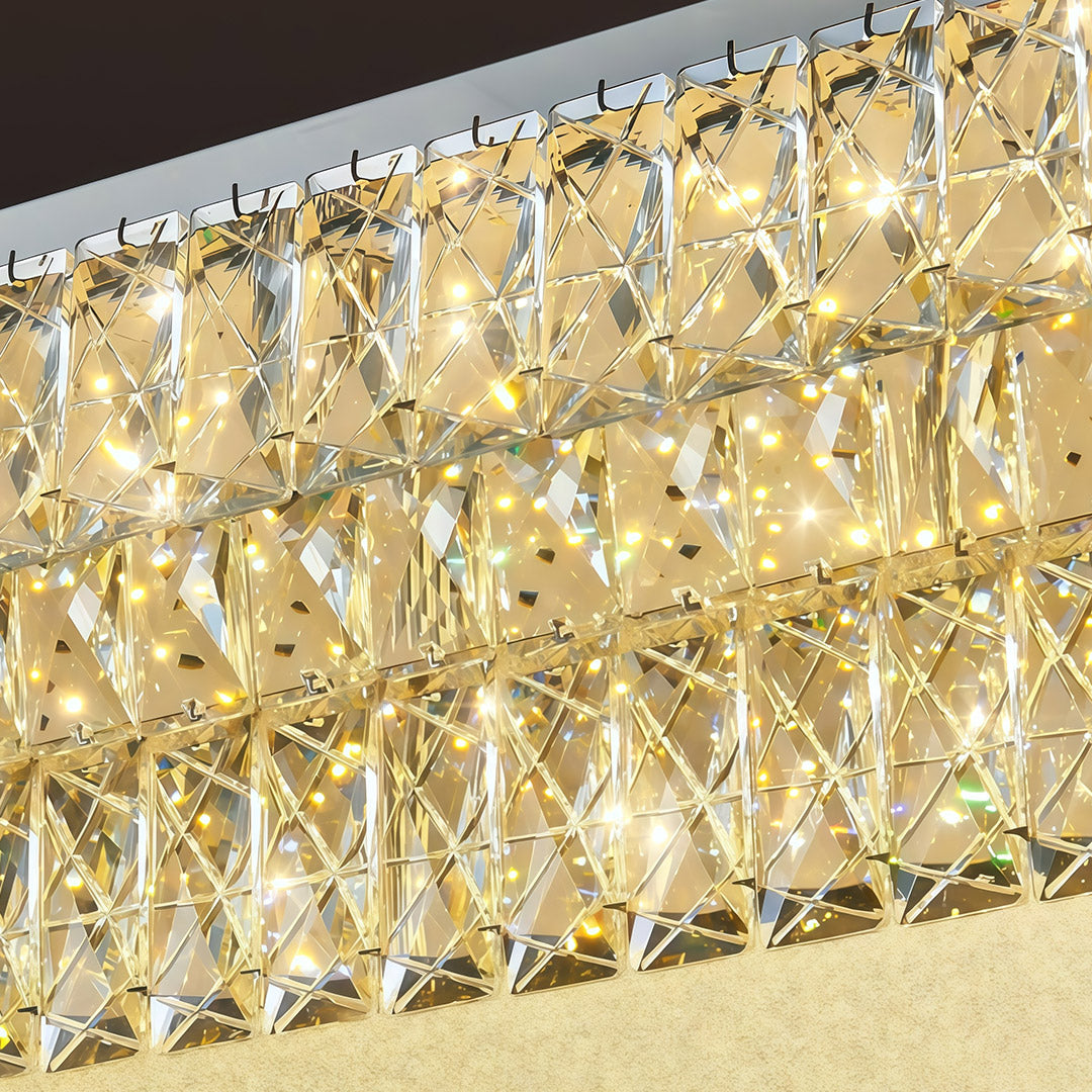 Bright flush mounted LED lights with glass shade chandelier design illuminating airy contemporary living room with large windows.