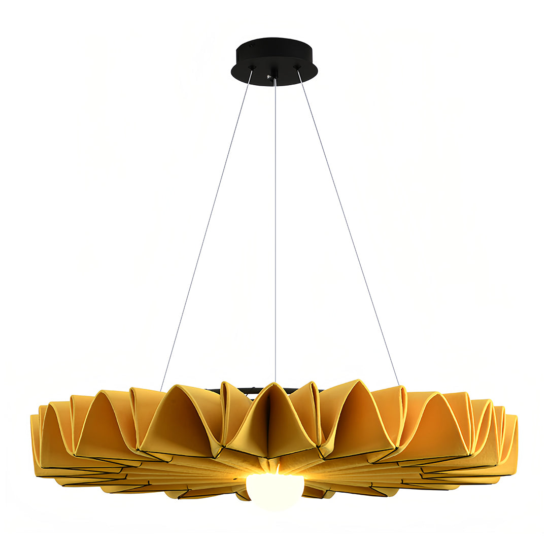 Bright gold pleated cloth chandelier with a single exposed bulb for ambient lighting 