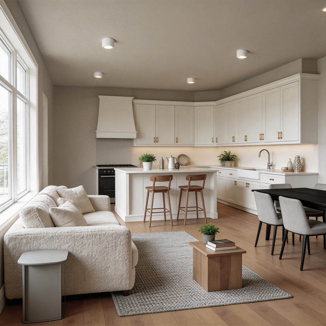 Bright kitchen with surface mounted can lights highlighting the elegant design.