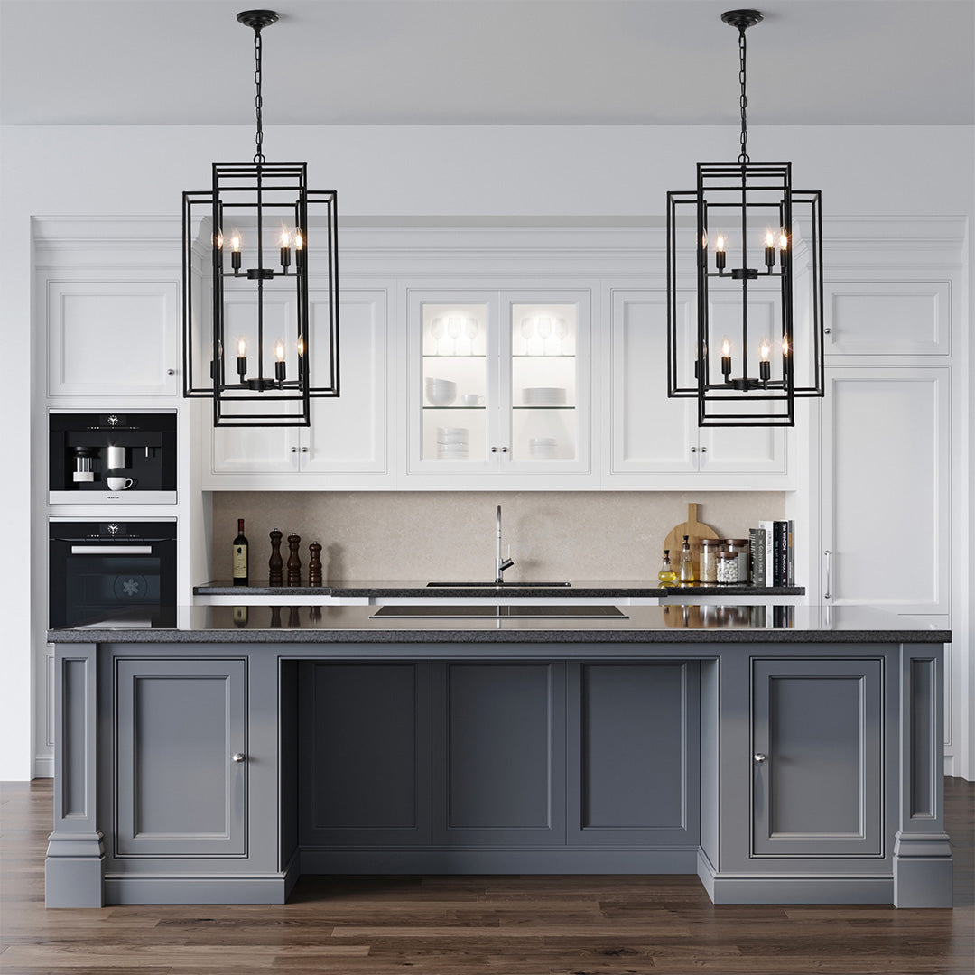 Black industrial vintage pendant light hanging in a bright living space, complementing modern decor.