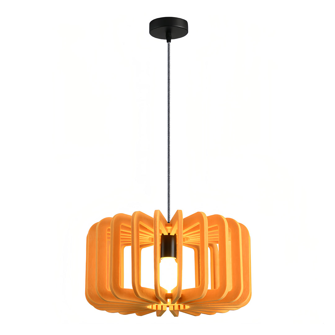 Individual product shot of the bright orange wooden slat Nordic pendant lights fixture.