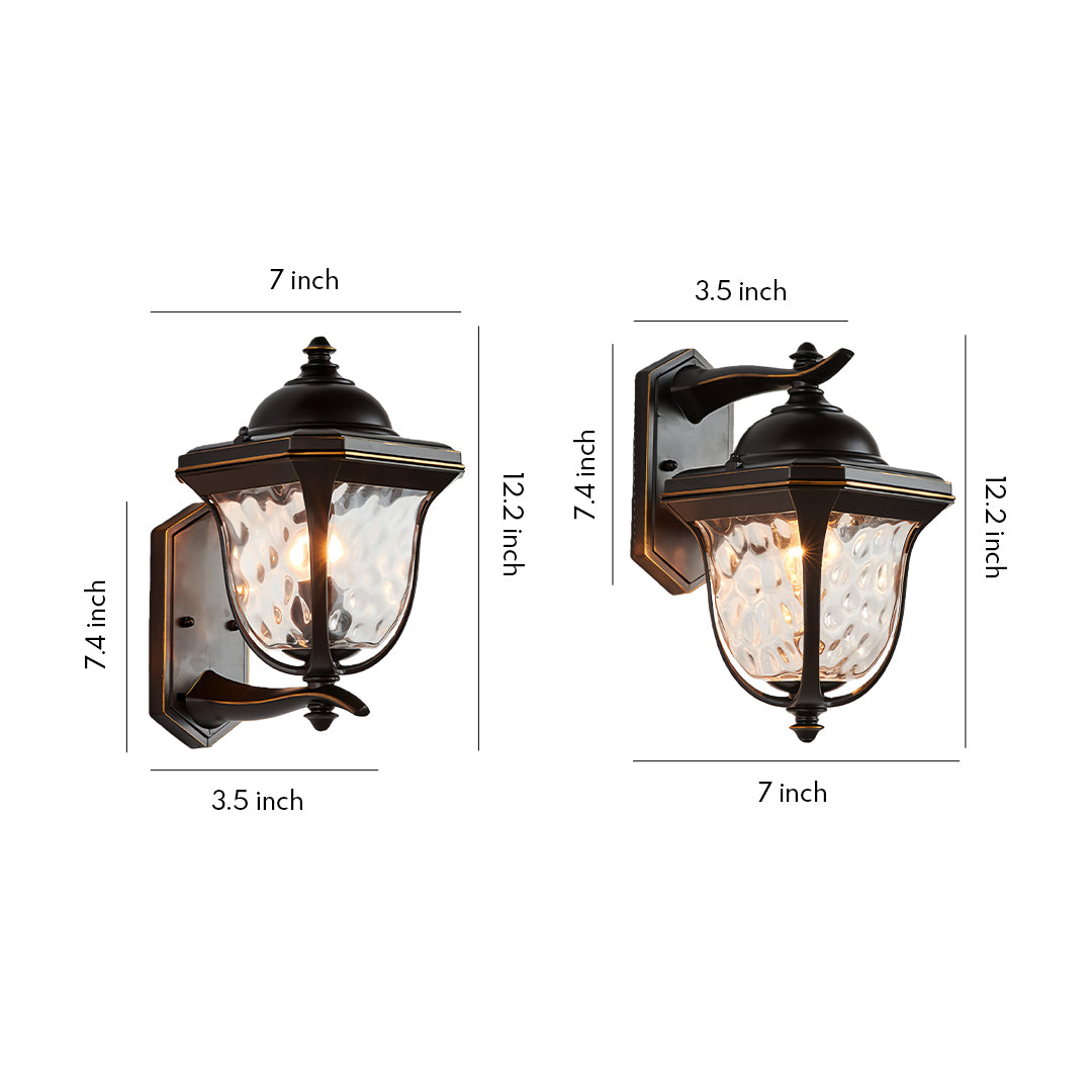 Bright outdoor wall lights with full size chart and classic lantern design.
