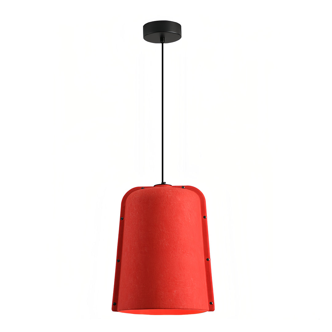 Isolated view of a bright red felt cylinder shade used for an adjustable pendant light fixture.