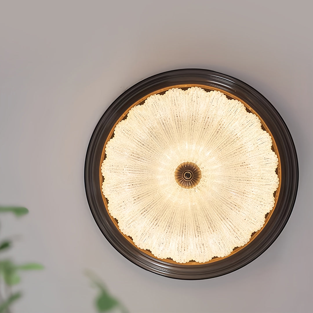 Vintage retro flush mount ceiling light in a bright room, elegant crystal lighting solution