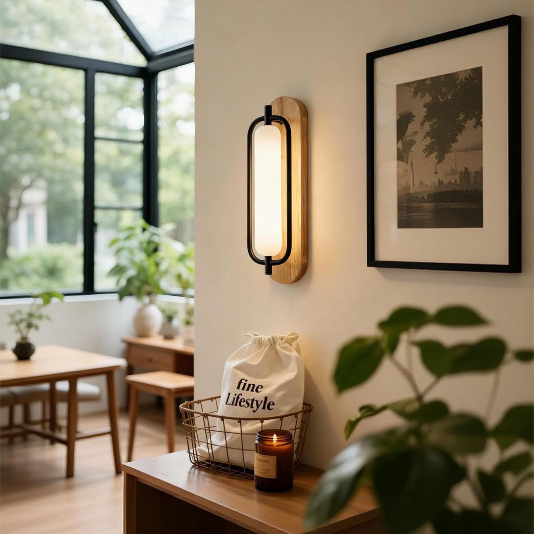 Wall mount outdoor solar lights placed in a bright living space near large windows.
