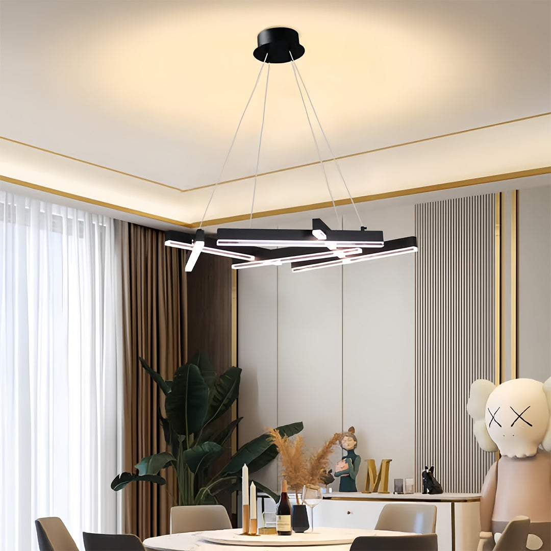 Bright modern living room enhanced by small black pendant light with sculptural design