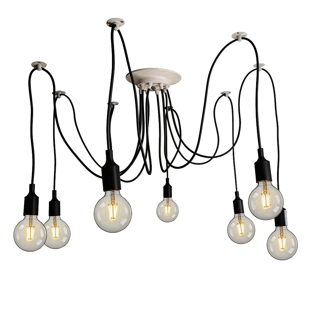 Bright yellow industrial spider chandelier for pop of color in interior design.