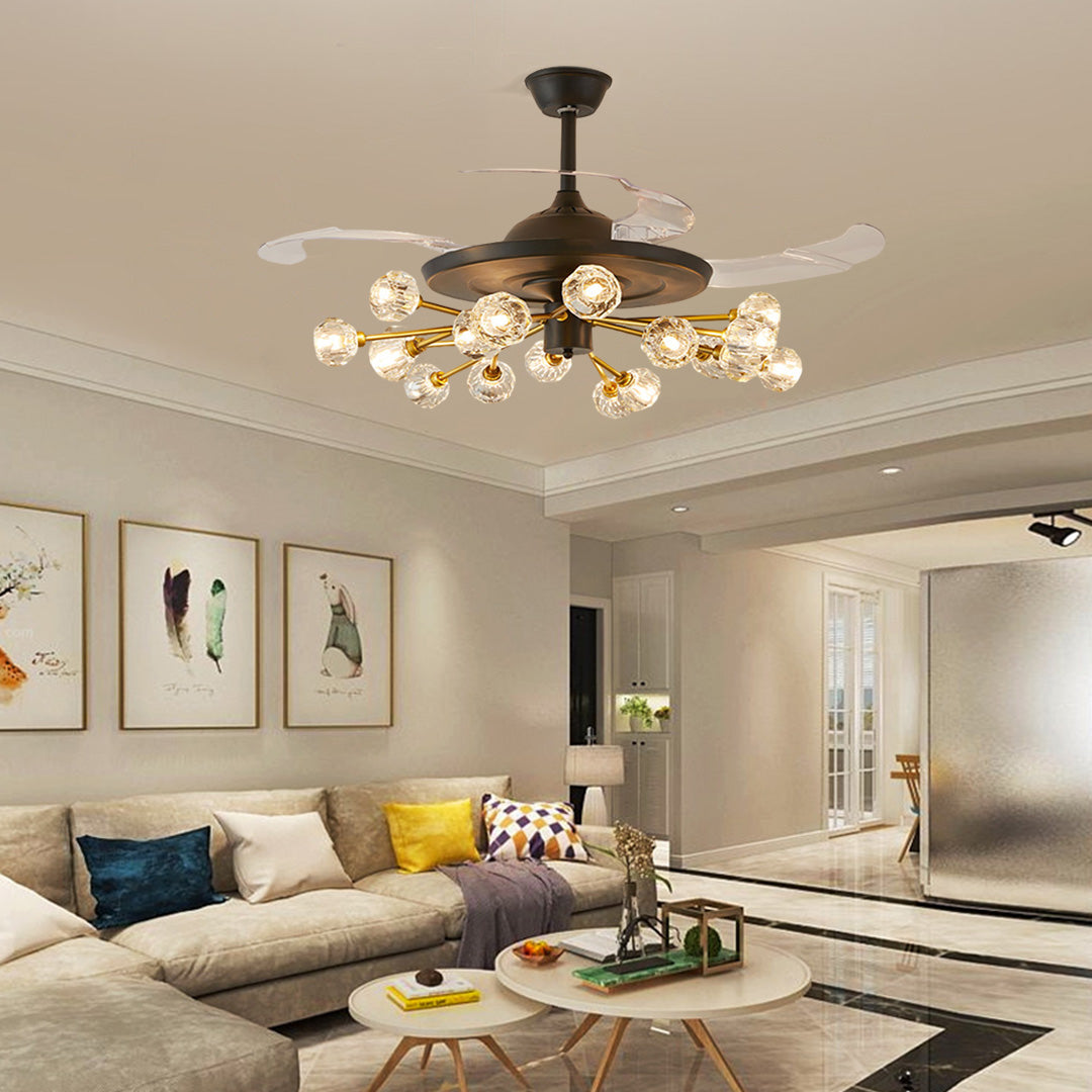 Ceiling fan with multiple lights installed in contemporary living room with neutral furniture and decor