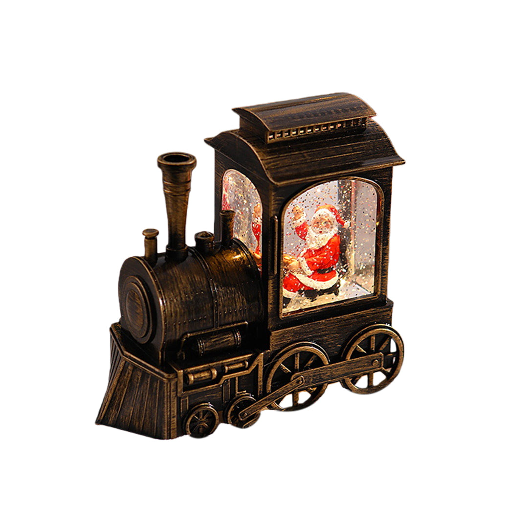 Vintage-style Christmas train ornament with glowing Santa scene and bronze detailing.