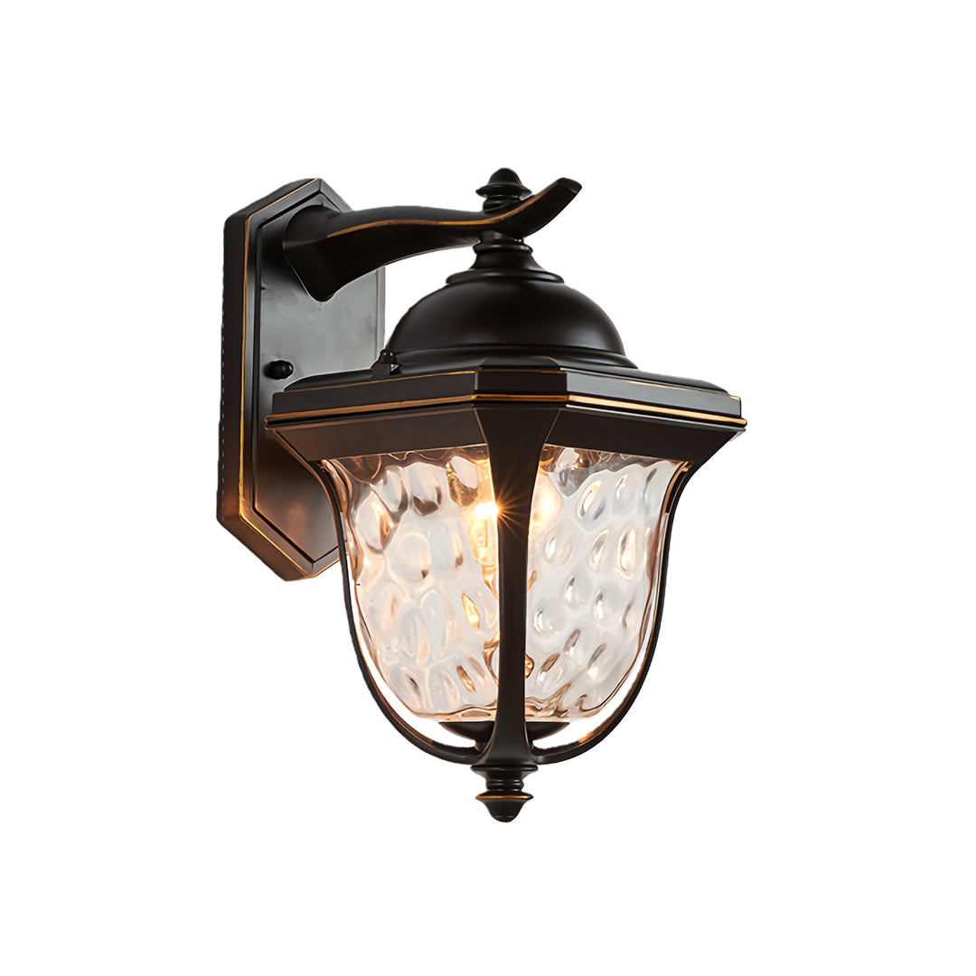 Bright outdoor wall lights with warm glow and curved bronze frame.