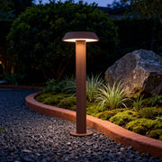 Bronze path lighting LED lighting a curved garden path surrounded by rocks and shrubs at night.