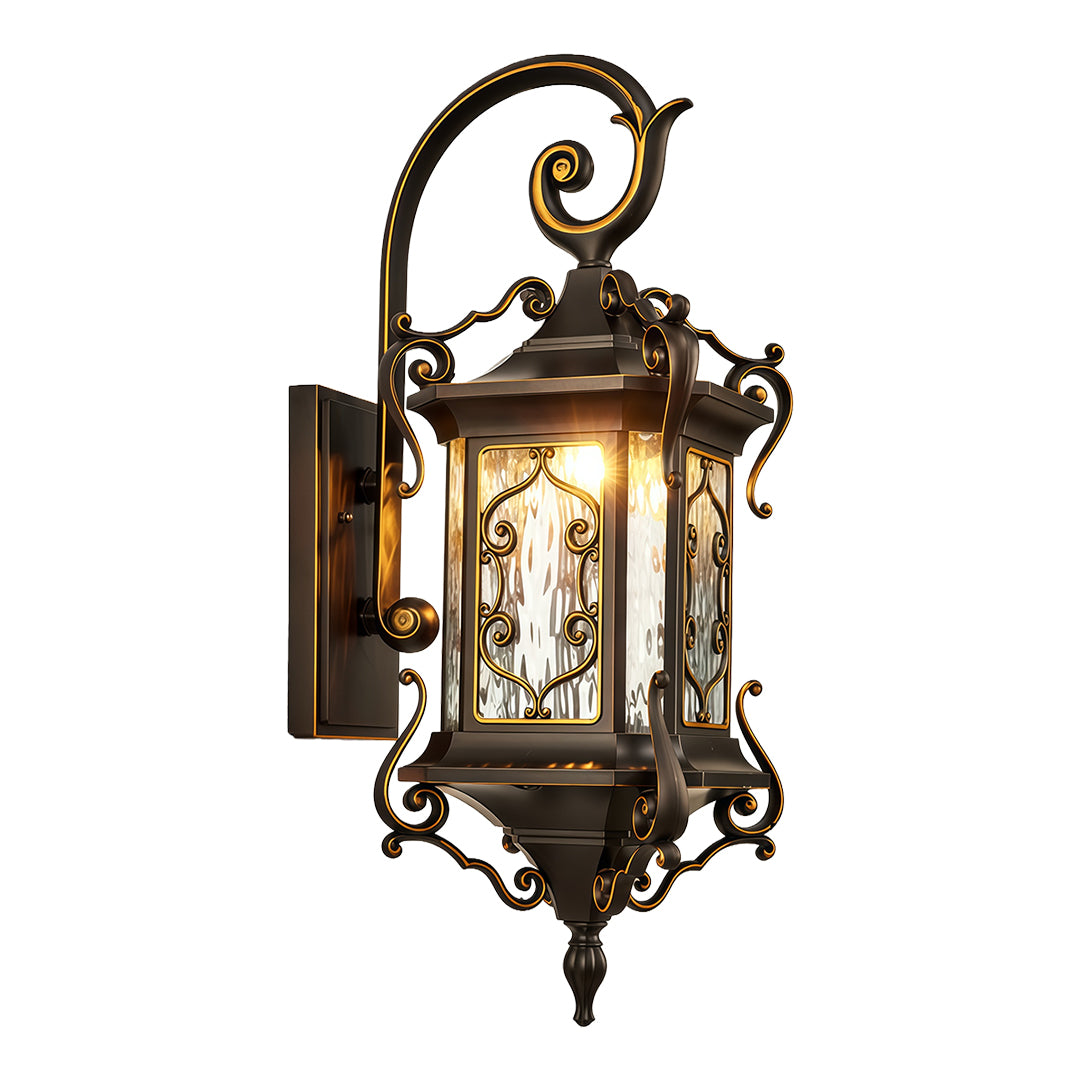 Bronze Outdoor Wall Sconce Light with artistic curves and transparent glass shade.