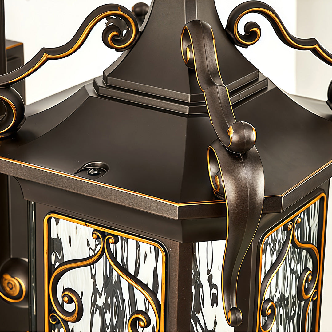 Detailed view of Outdoor Wall Sconce Light top section with elegant bronze craftsmanship.