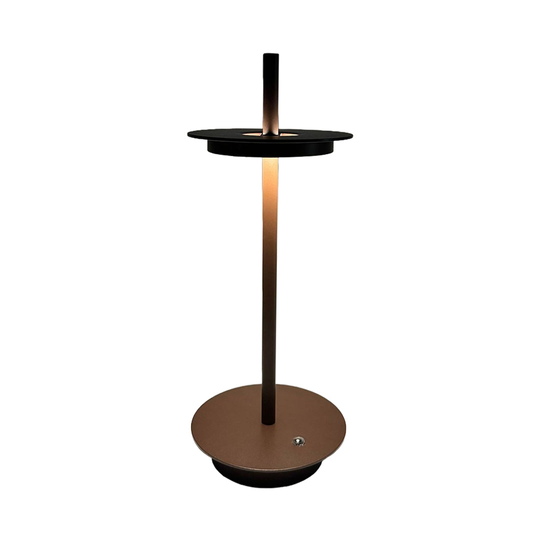 Modern dimmable table lamp with warm bronze finish and minimalist cylindrical design