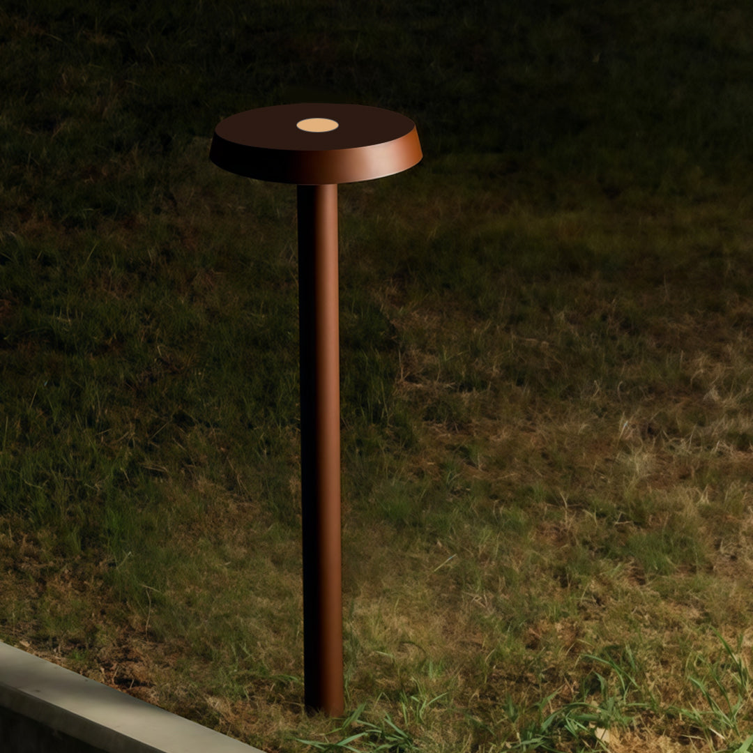 Bronze path lighting LED standing on a grassy surface at night, casting warm downward light.