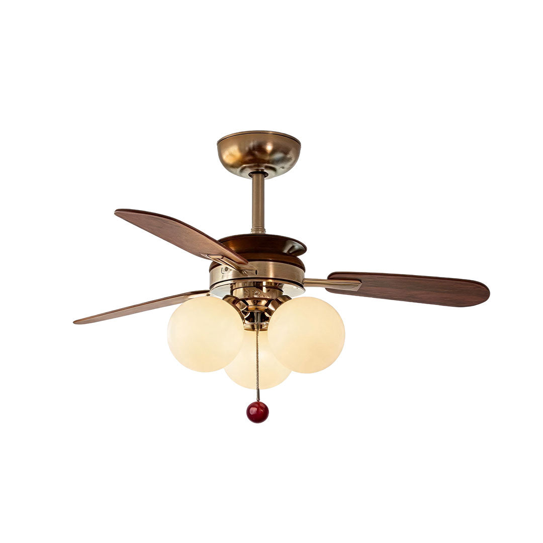 Indoor ceiling fan with light featuring dark wood blades, a bronze finish, and frosted globe shades.