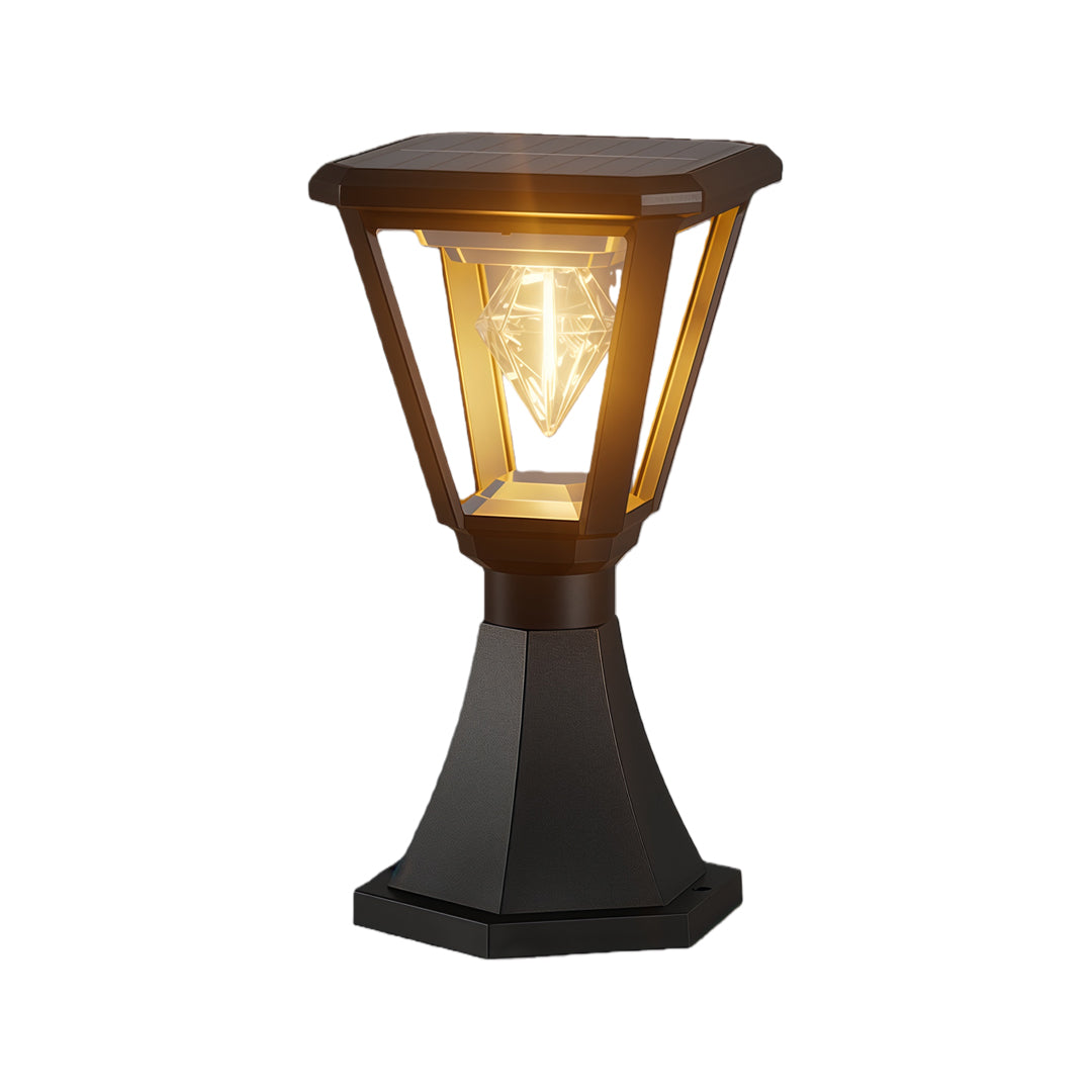 Tall lantern-shaped led post cap lights with elegant bronze frame and warm lighting suitable for garden posts.