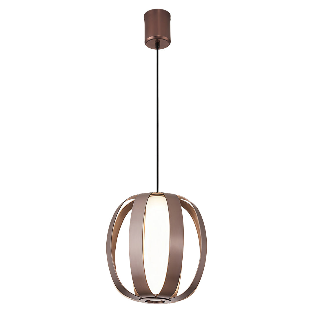 Bronze lantern pendant light with vertical slat design and spherical shape on white background.