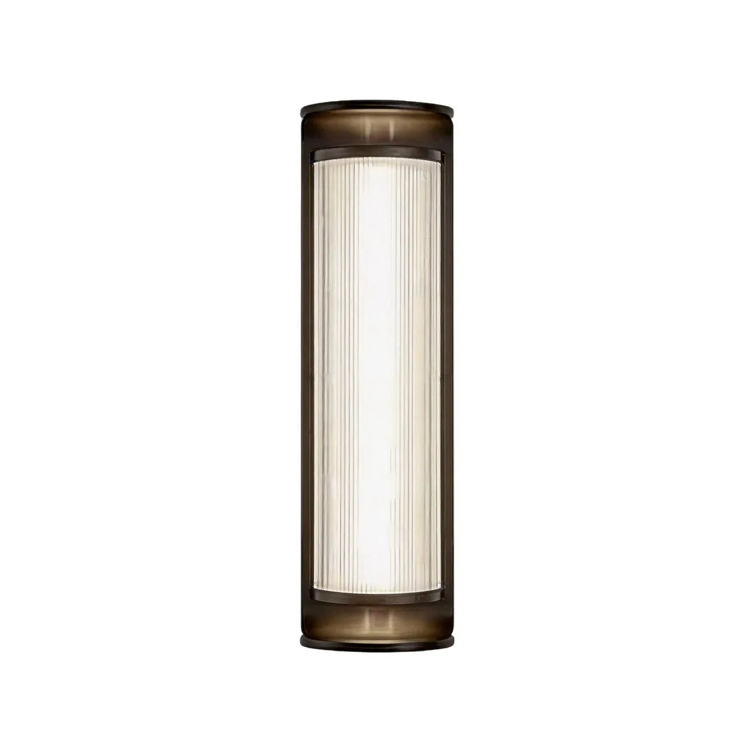 LED outdoor wall sconces with a bronze aluminum frame and clear ribbed diffuser.