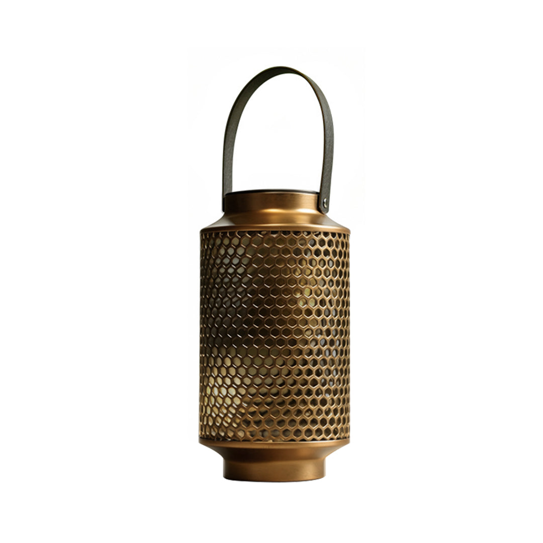 Bronze portable solar lantern featuring a mesh pattern and curved carrying handle.