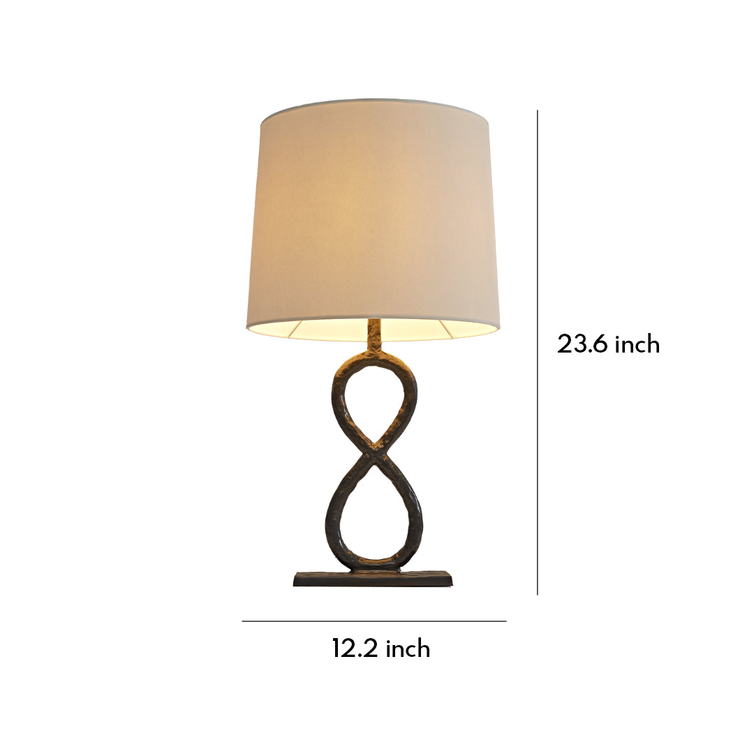 Bronze metal table lamp with fabric shade and twisted base design, showing product dimensions.