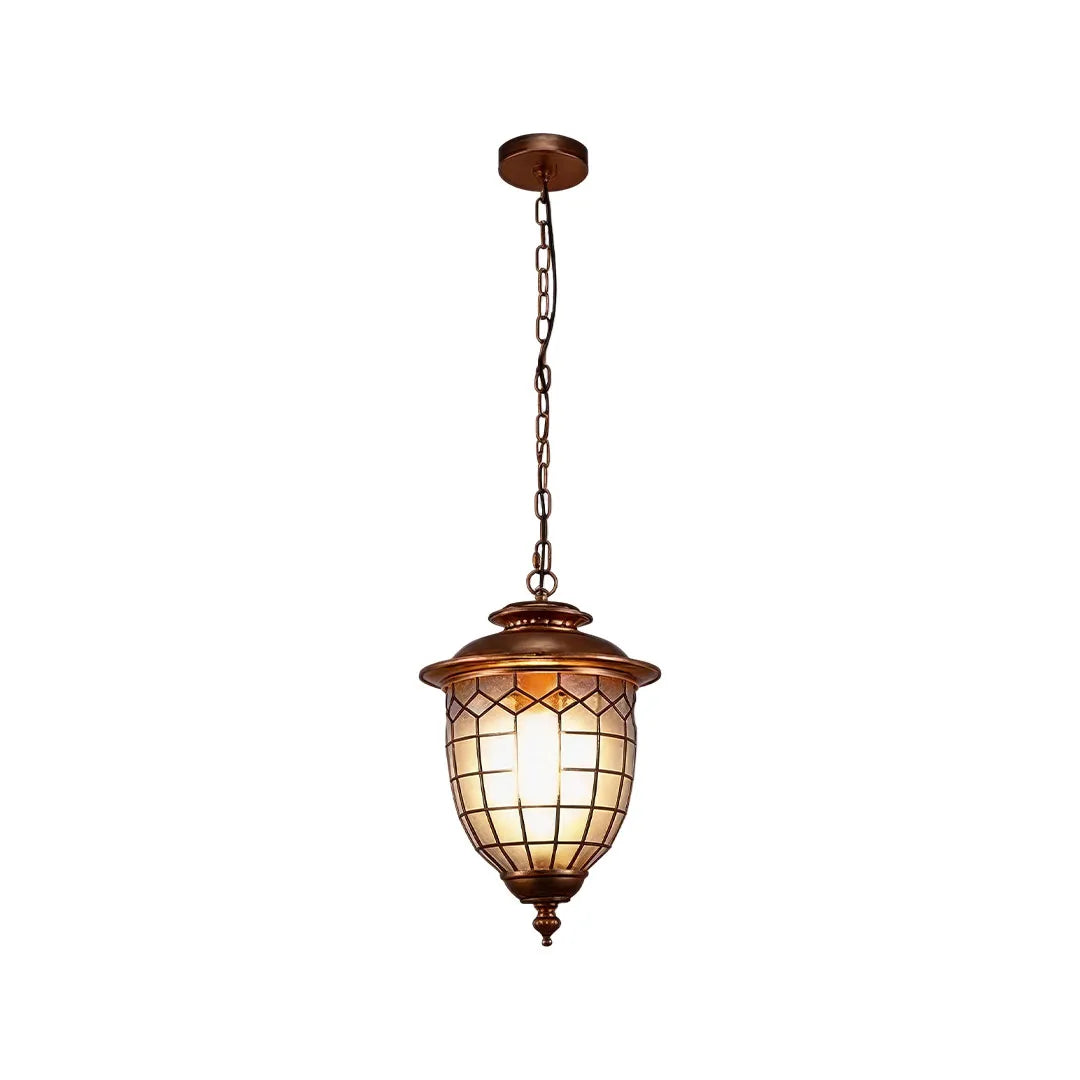 Bronze outdoor pendant lighting fixture with a lantern-style frame, seeded glass, and chain suspension.