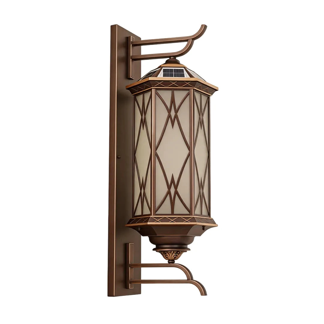Bronze outdoor sconce product image on a white background, featuring a tall lantern body with decorative bronze finish.
