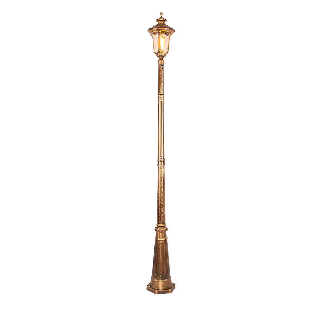 Bronze street lamp with close-up of the light source and diffusion.