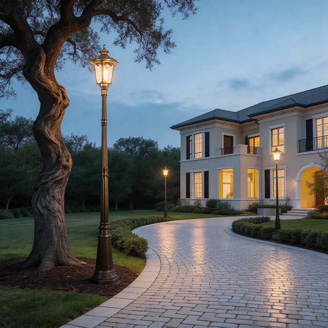 Bronze street lamp enhancing a contemporary driveway with elegant directional light.