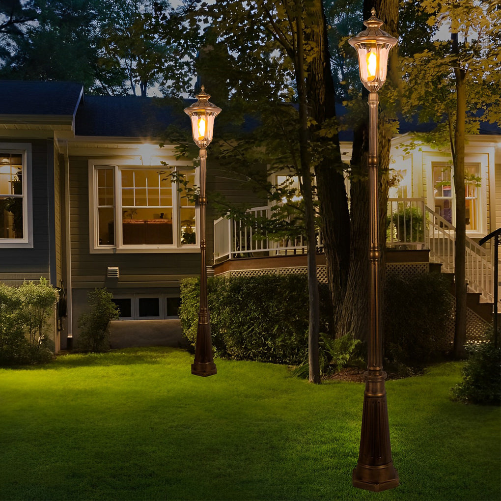 Bronze street lamp providing elegant illumination for a contemporary landscape.