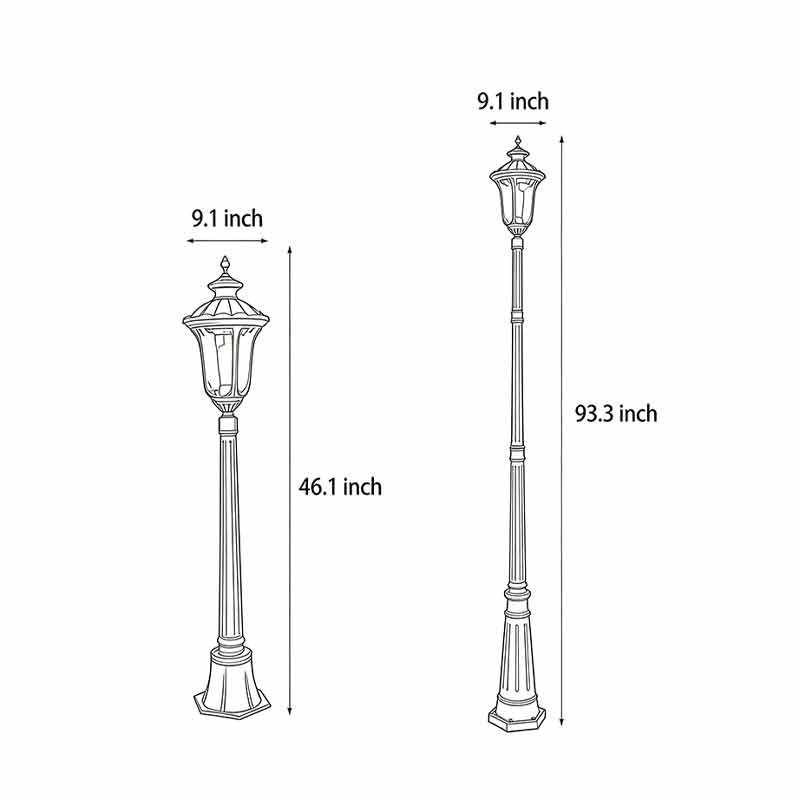 Technical diagram showing dimensions and structure of bronze street lamp models.