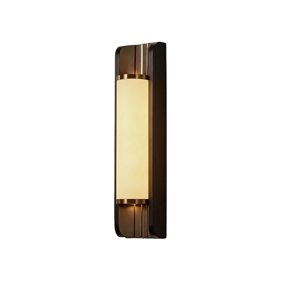 Up down outdoor wall sconce with warm frosted diffuser and brushed bronze accents.