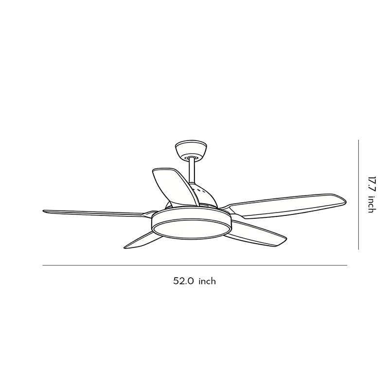 Line drawing of brown ceiling fan with light dimensions, providing installation specifications.