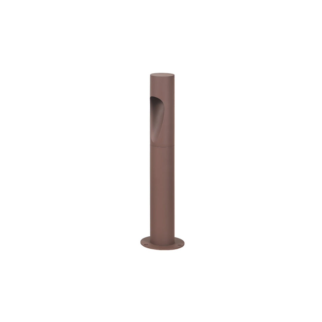 Brown compact cylindrical garden bollard led lights with a warm top diffuser suitable for pathways.