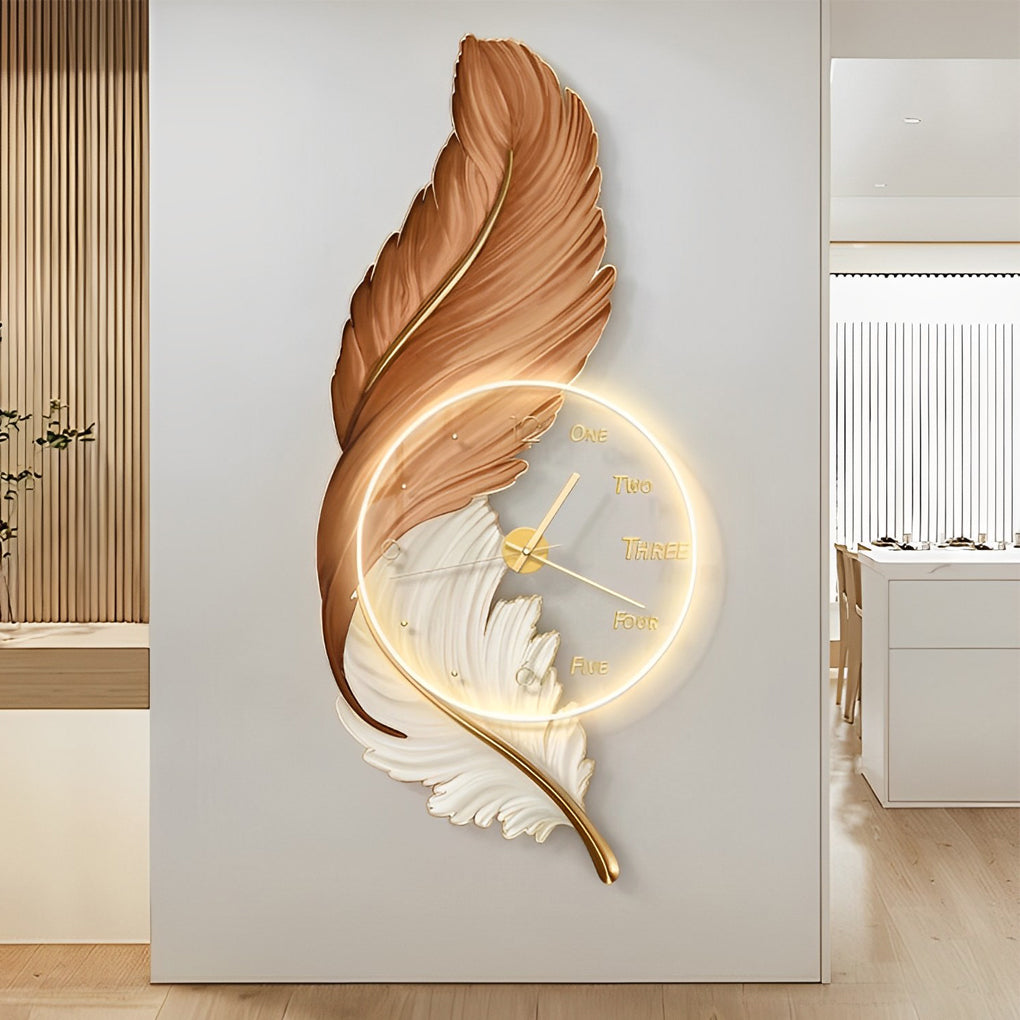 Brown feather LED wall lamp with ambient backlight in a contemporary hallway.