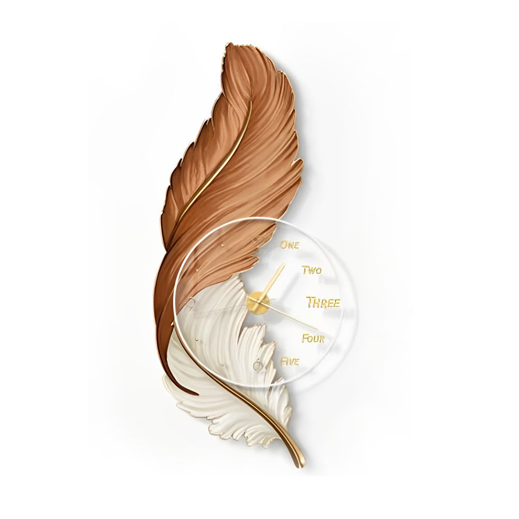 Brown feather LED wall lamp product image showing feather texture and clock detail.